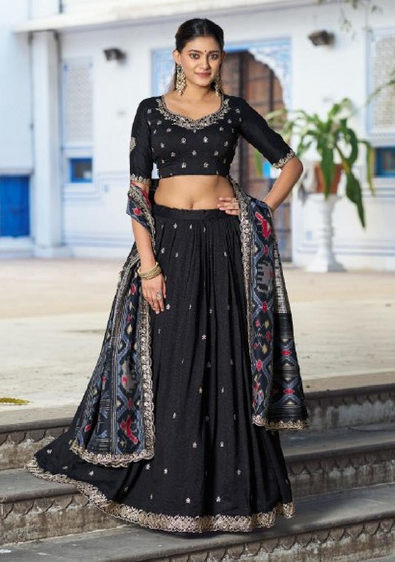 Black Embroidered Silk Lehenga Set - Indya