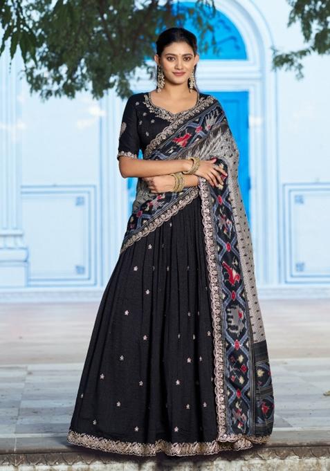 Black Embroidered Silk Lehenga Set