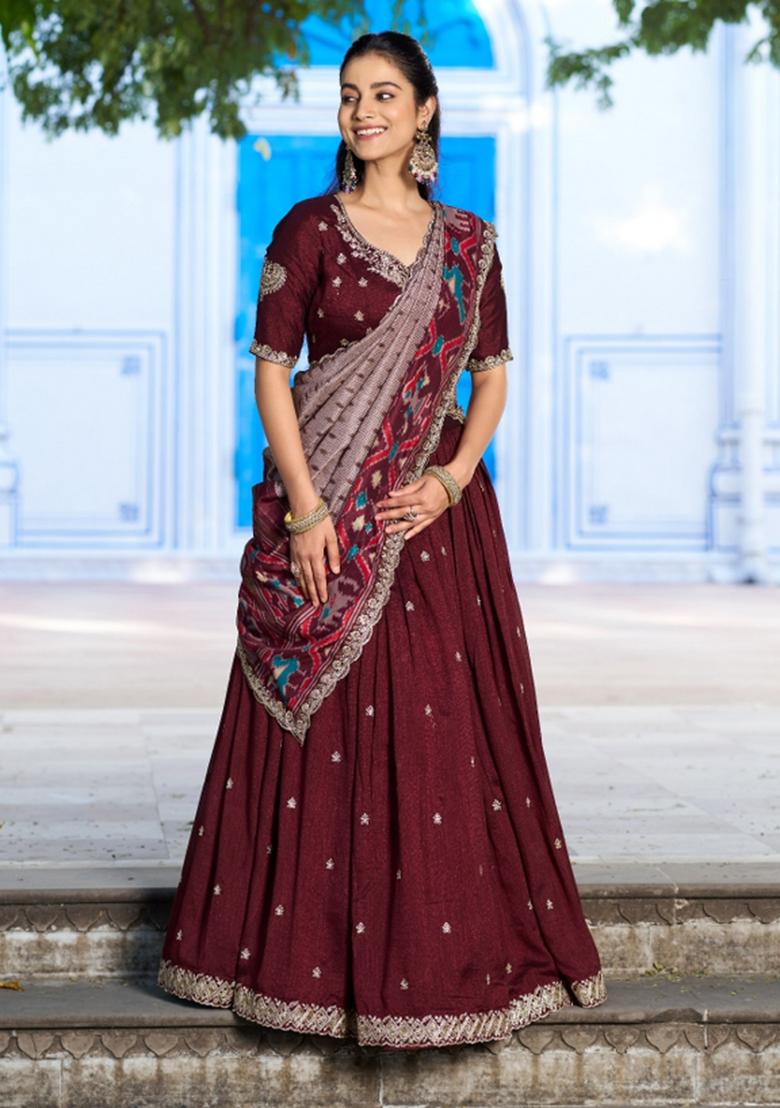 Maroon Embroidered Silk Lehenga Set - Indya