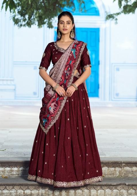 Maroon Embroidered Silk Lehenga Set