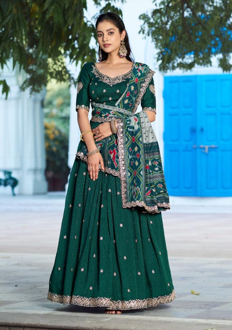 Green Embroidered Silk Lehenga Set - Indya
