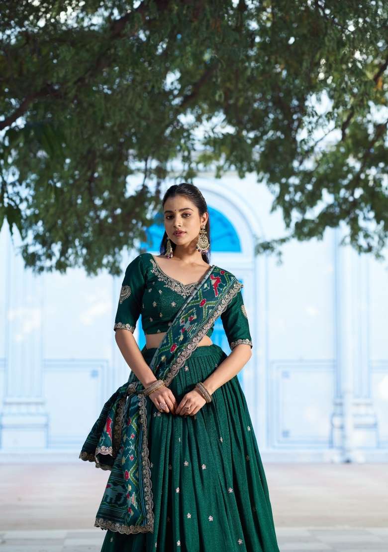 Green Silk Lehenga Set with Embroidered for Diwali | Wedding & Festive Wear - Indya