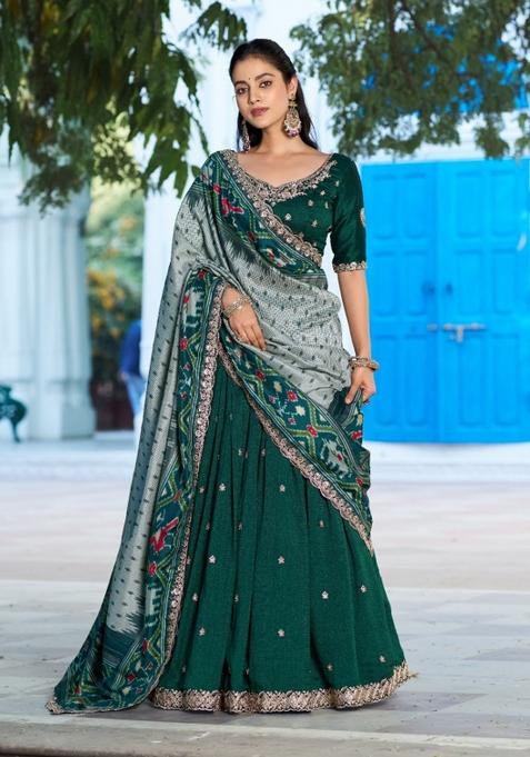 Green Embroidered Silk Lehenga Set