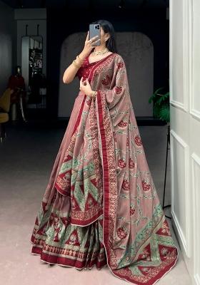 Maroon Printed Silk Lehenga Set