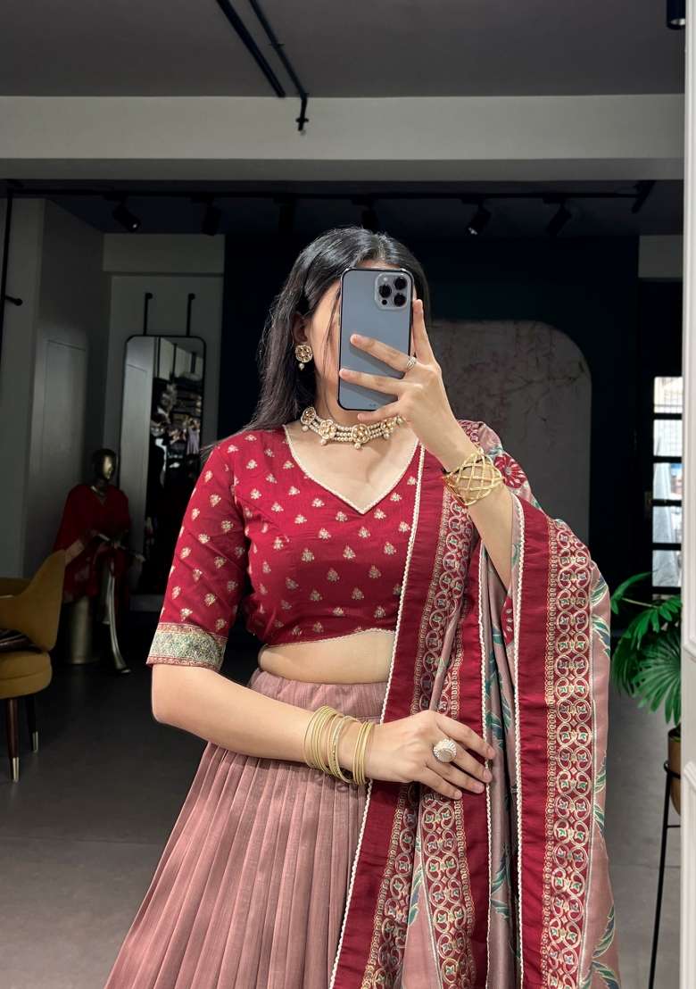 Maroon Silk Lehenga Set with Printed for Diwali | Wedding & Festive Wear - Indya