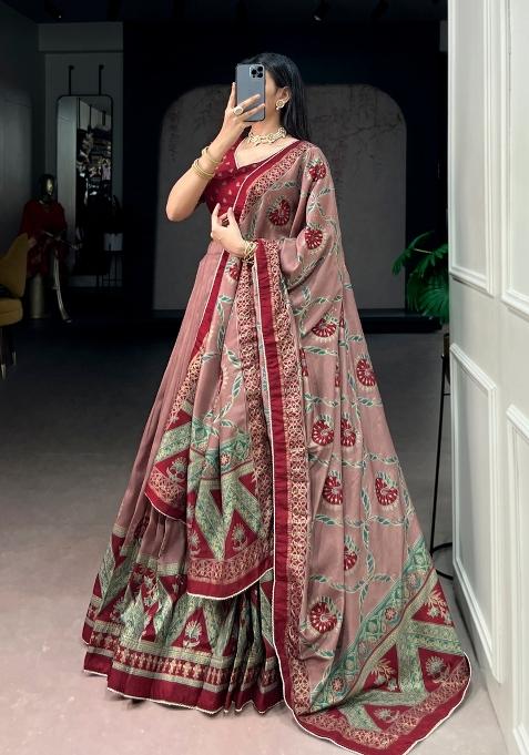 Maroon Printed Silk Lehenga Set
