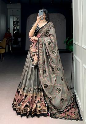 Black Printed Silk Lehenga Set