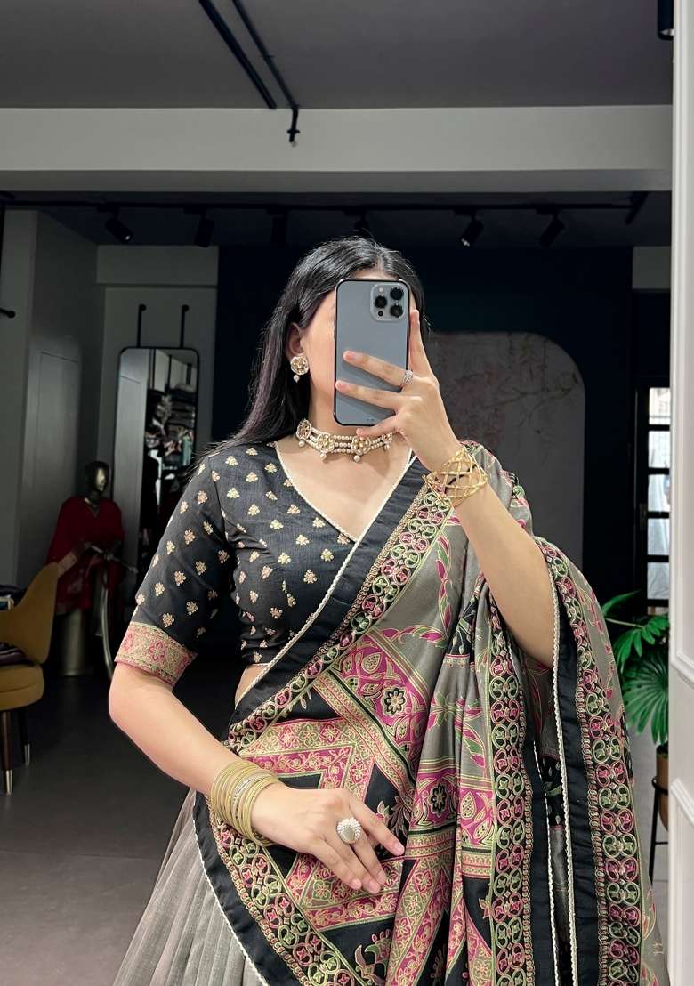 Black Silk Lehenga Set with Printed for Diwali | Wedding & Festive Wear - Indya