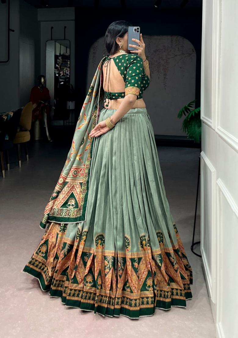 Green Printed Silk Lehenga Set - Indya