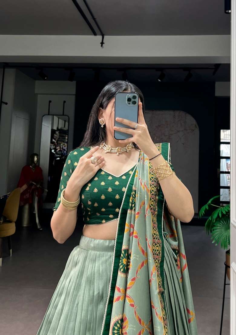 Green Printed Silk Lehenga Set for Diwali and Festive Wear - Indya