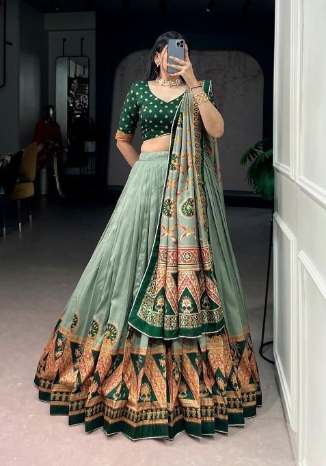 Green Printed Silk Lehenga Set