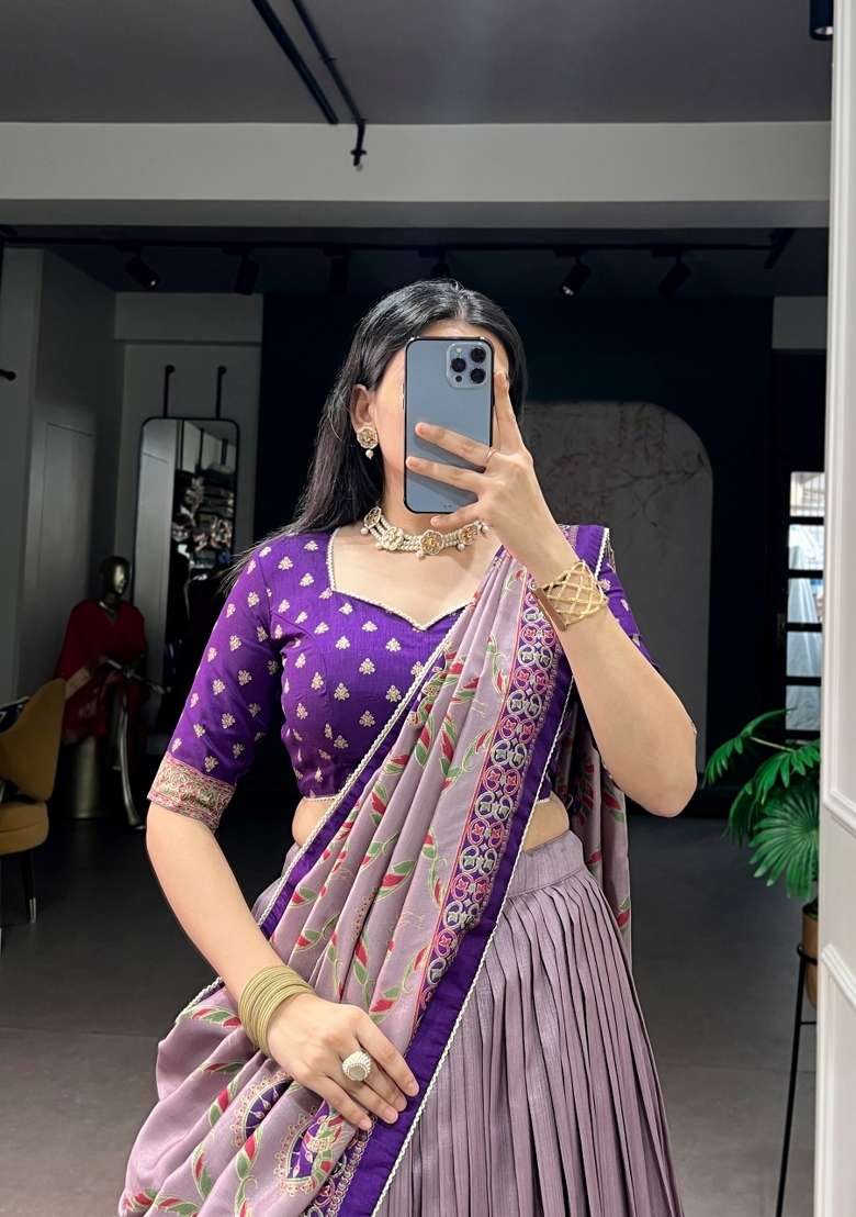 Purple Printed Silk Lehenga Set for Diwali and Festive Wear - Indya