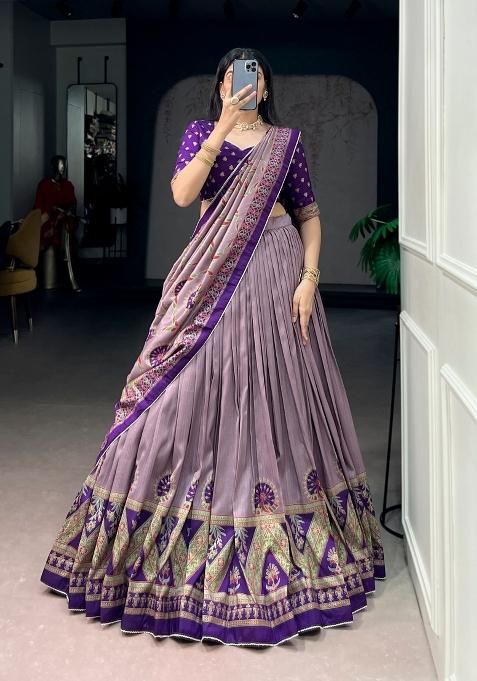 Purple Printed Silk Lehenga Set