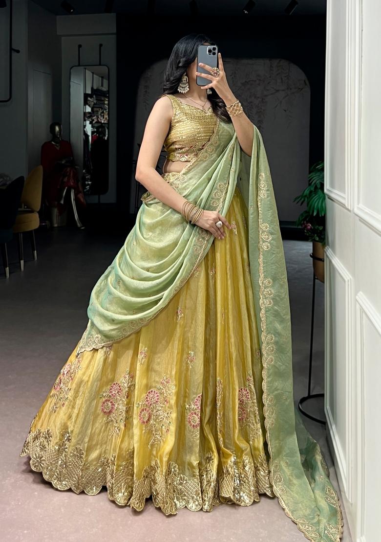 Yellow Embroidered Silk Lehenga Set - Indya
