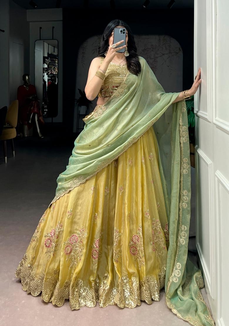 Yellow Embroidered Silk Lehenga Set - Indya