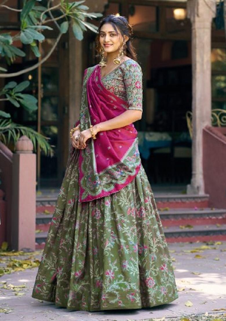 Green Printed Silk Lehenga Set - Indya