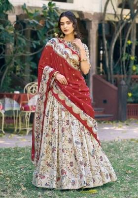 Off White Printed Silk Lehenga Set