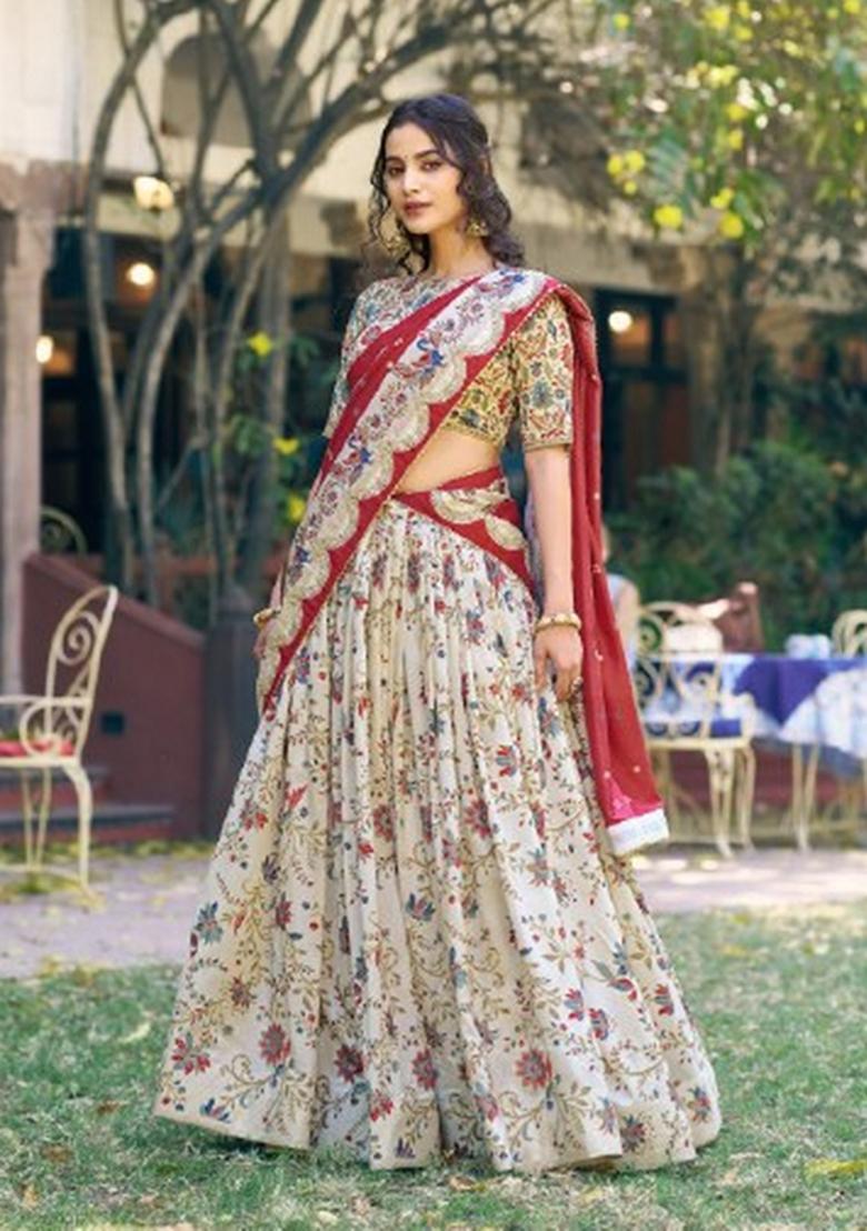 Off White Printed Silk Lehenga Set - Indya