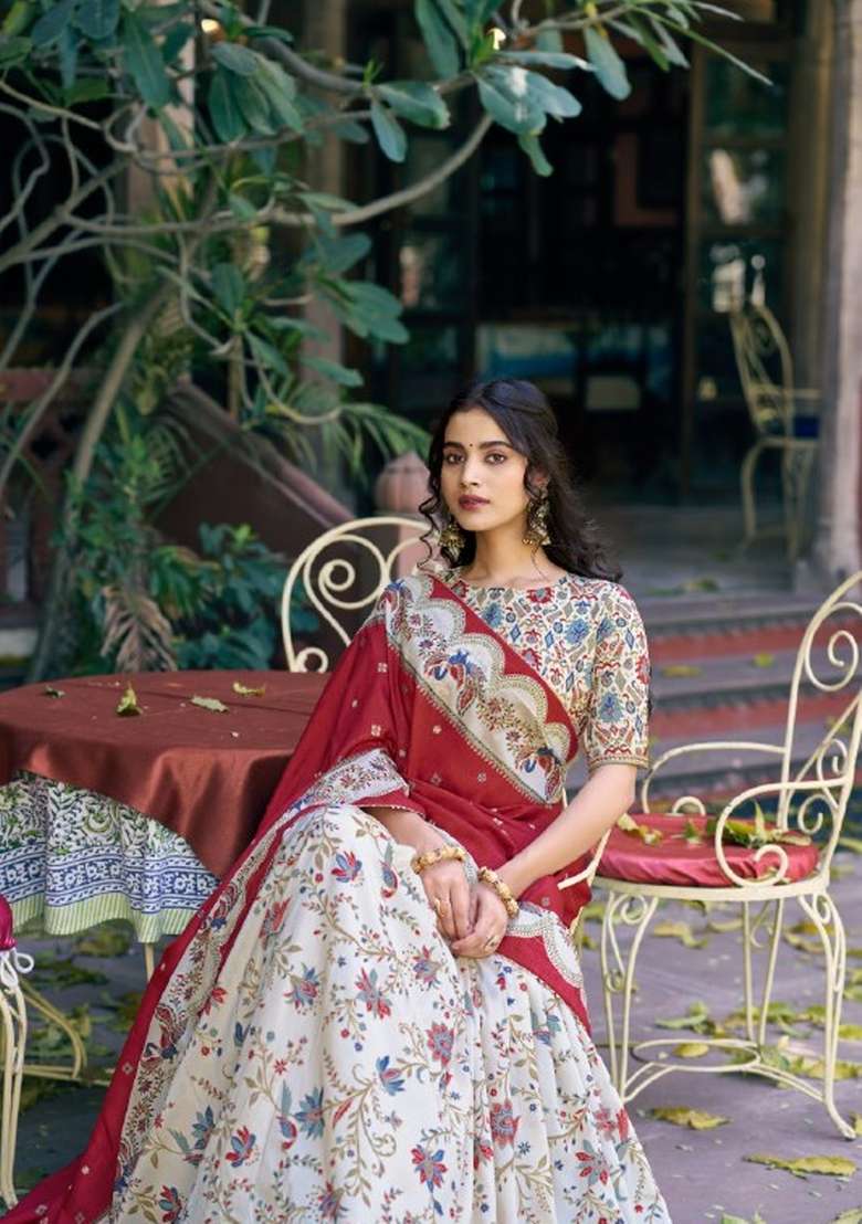 Off White Printed Silk Lehenga Set - Indya