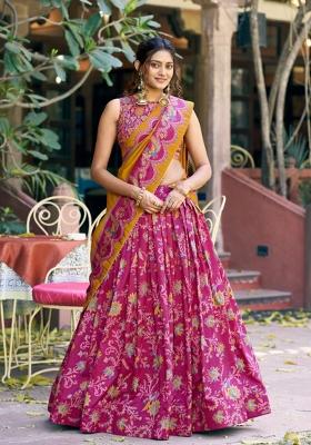 Pink Printed Silk Lehenga Set