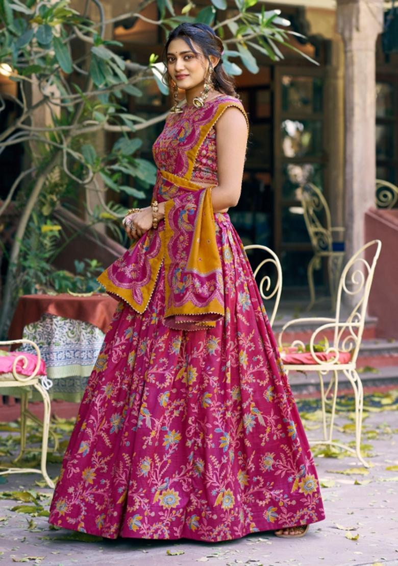 Pink Printed Silk Lehenga Set - Indya