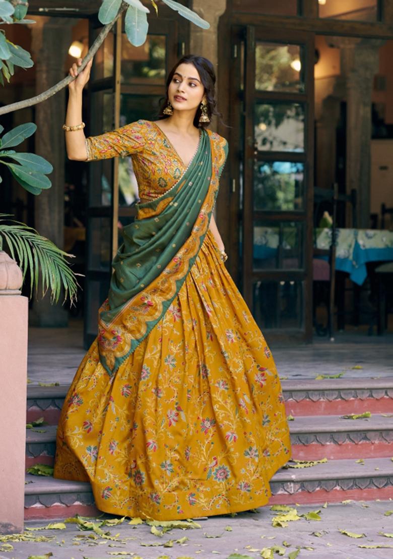 Mustard Printed Silk Lehenga Set - Indya
