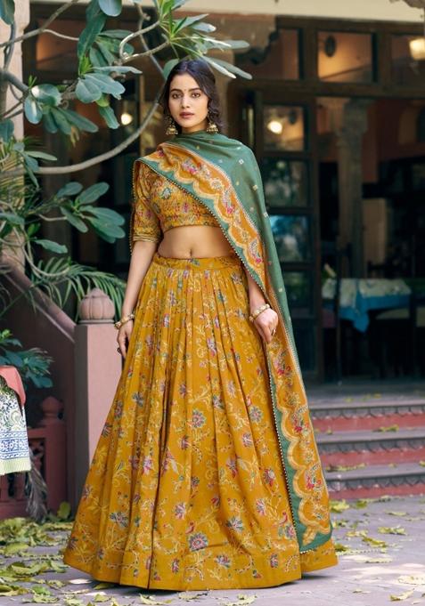 Mustard Printed Silk Lehenga Set