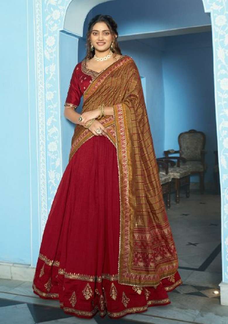 Maroon Silk Lehenga Set with Embroidered for Diwali | Wedding & Festive Wear - Indya
