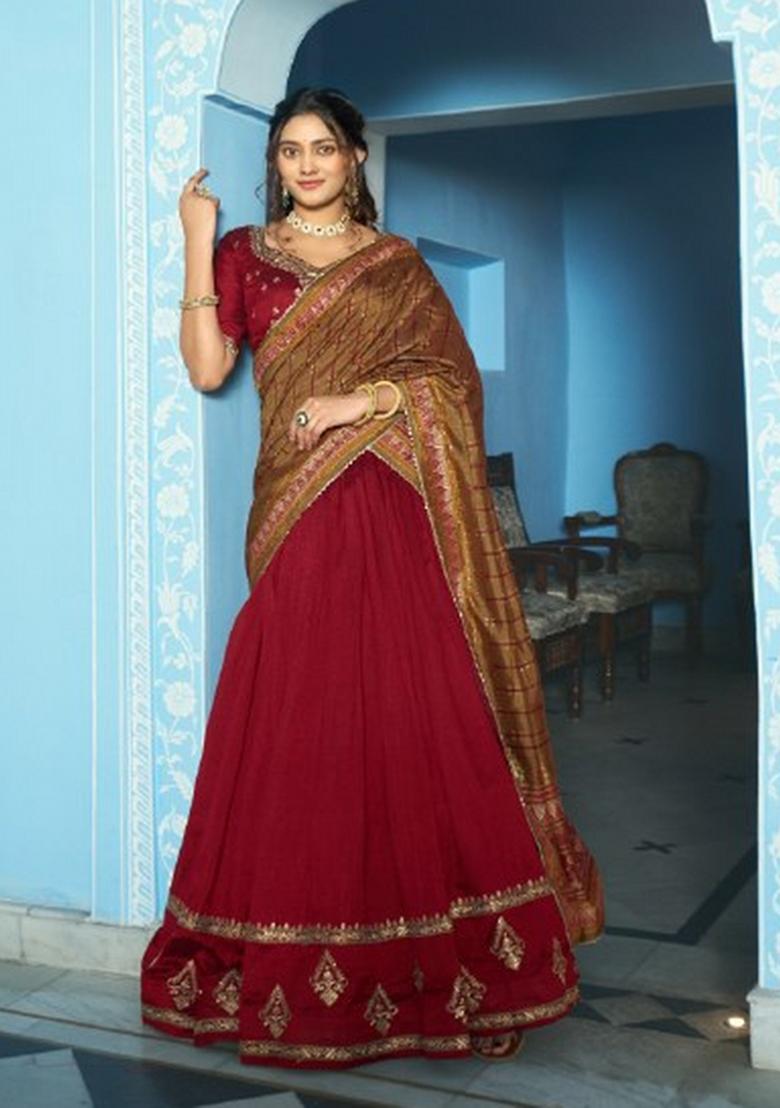 Maroon Embroidered Silk Lehenga Set - Indya