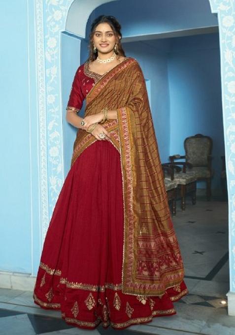 Maroon Embroidered Silk Lehenga Set