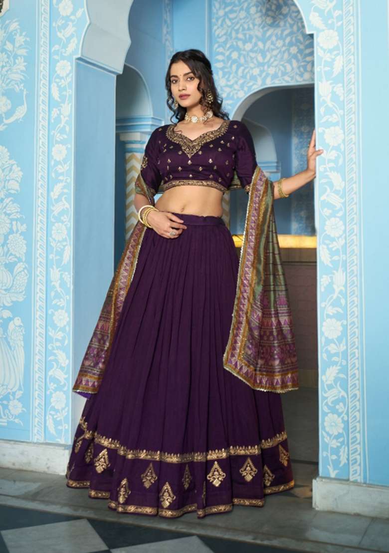 Purple Silk Lehenga Set with Embroidered for Diwali | Wedding & Festive Wear - Indya