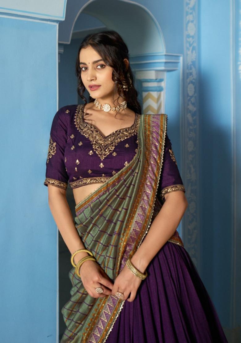 Purple Embroidered Silk Lehenga Set - Indya