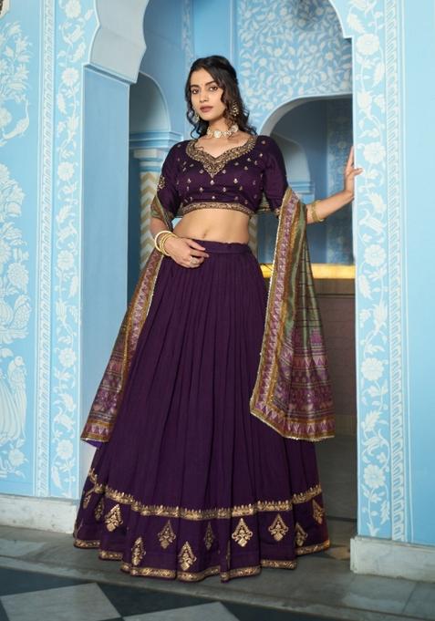 Purple Embroidered Silk Lehenga Set