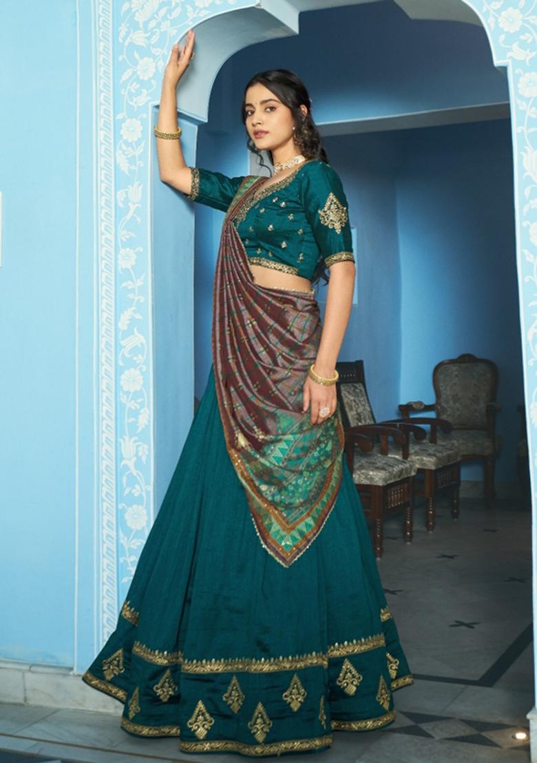 Teal Embroidered Silk Lehenga Set - Indya