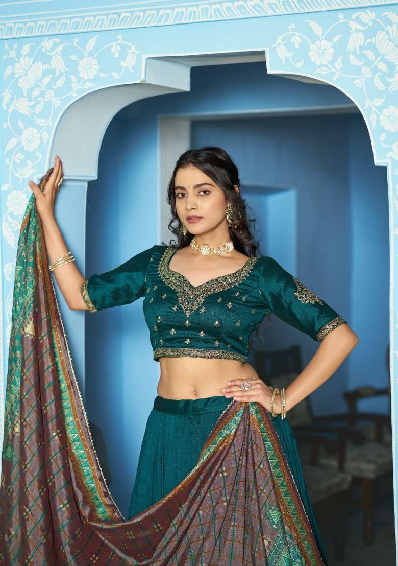 Teal Silk Lehenga Set with Embroidered for Diwali | Wedding & Festive Wear - Indya