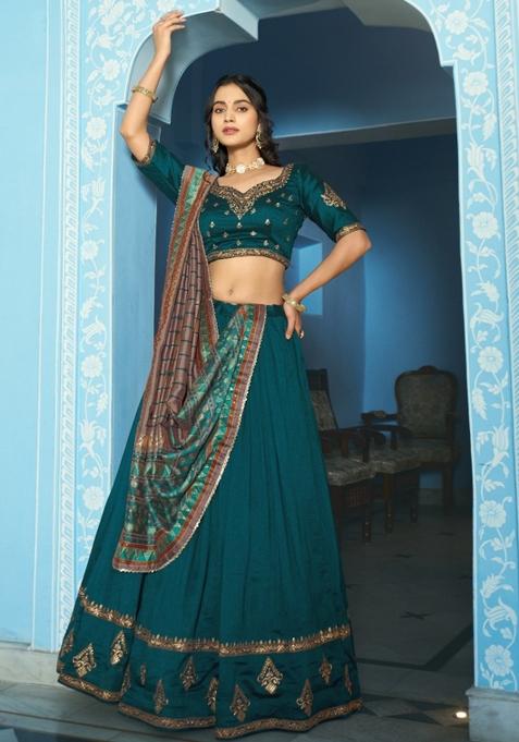 Teal Embroidered Silk Lehenga Set