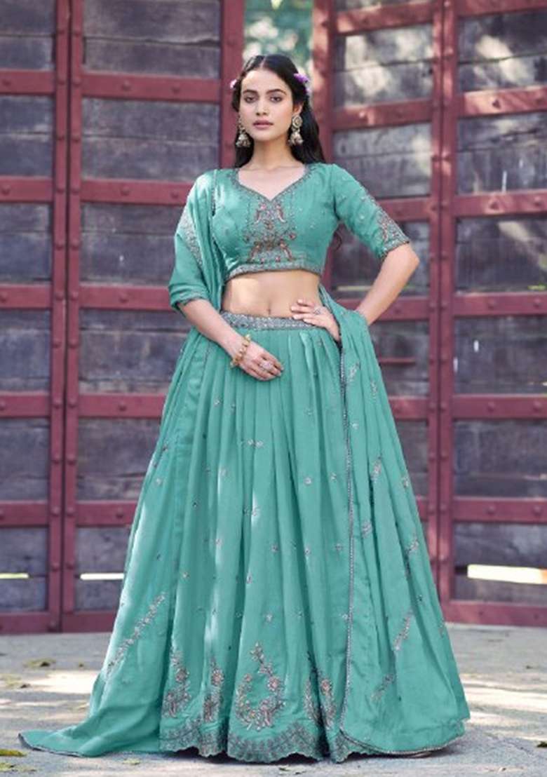 Blue Georgette Lehenga Set with Embroidered for Diwali | Wedding & Festive Wear - Indya