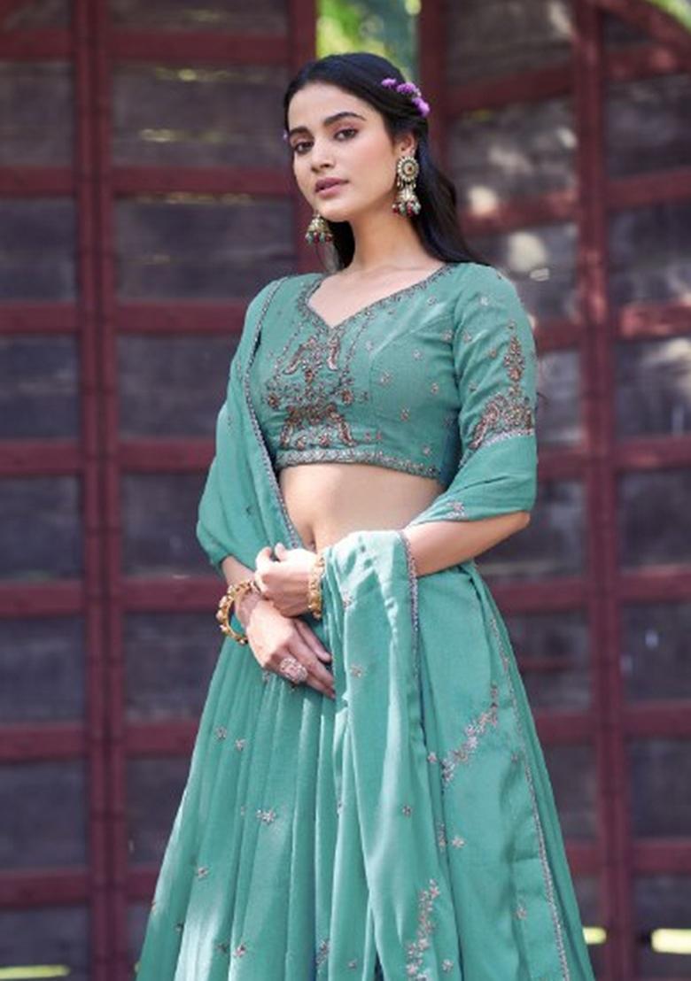 Blue Embroidered Georgette Lehenga Set - Indya