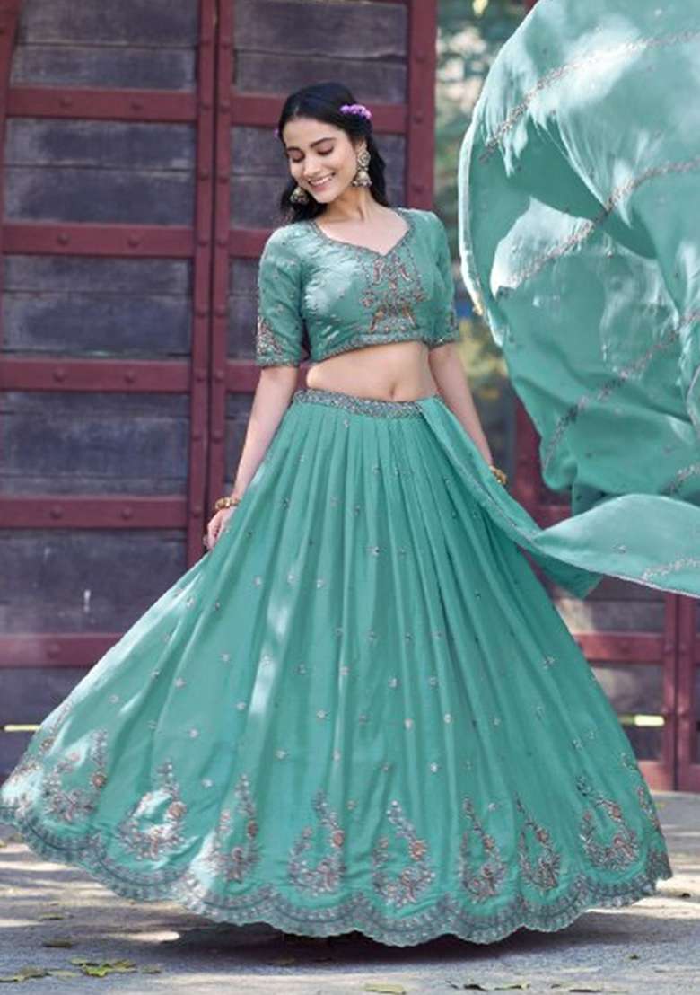 Blue Georgette Lehenga Set with Embroidered for Diwali | Wedding & Festive Wear - Indya