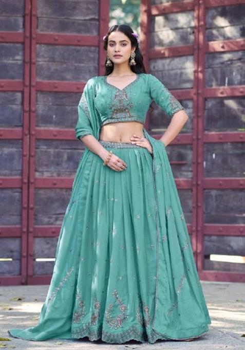 Blue Embroidered Georgette Lehenga Set