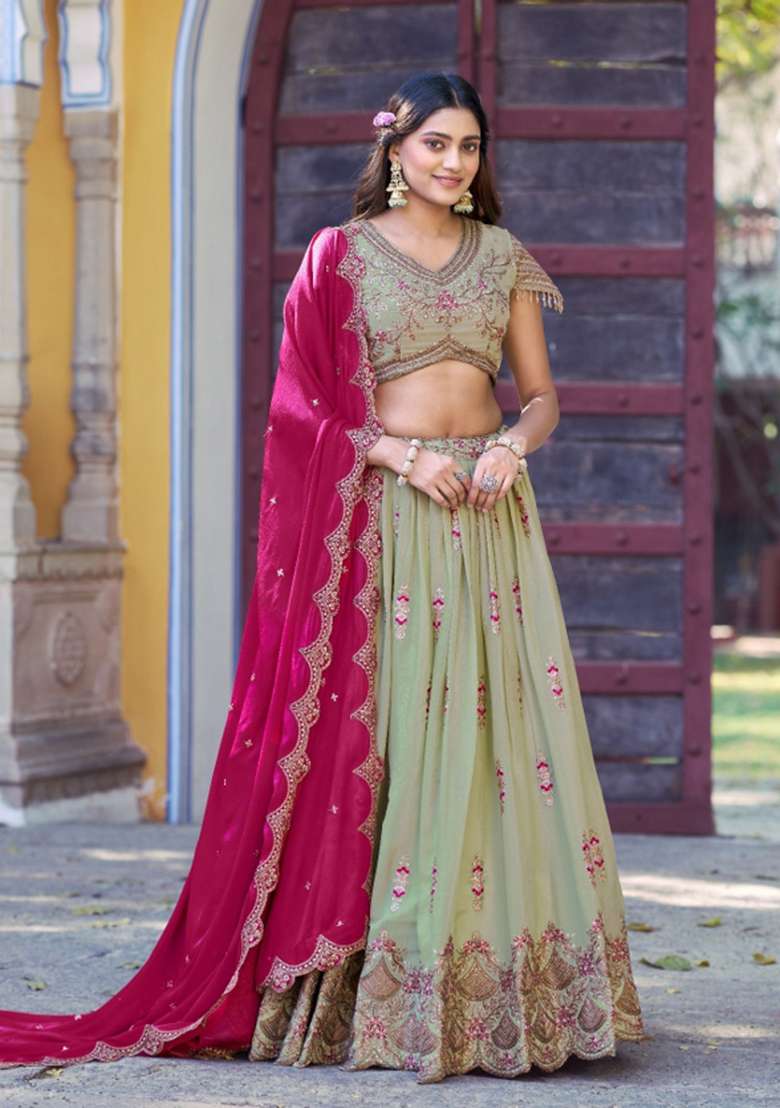 Pista Embroidered Georgette Lehenga Set - Indya