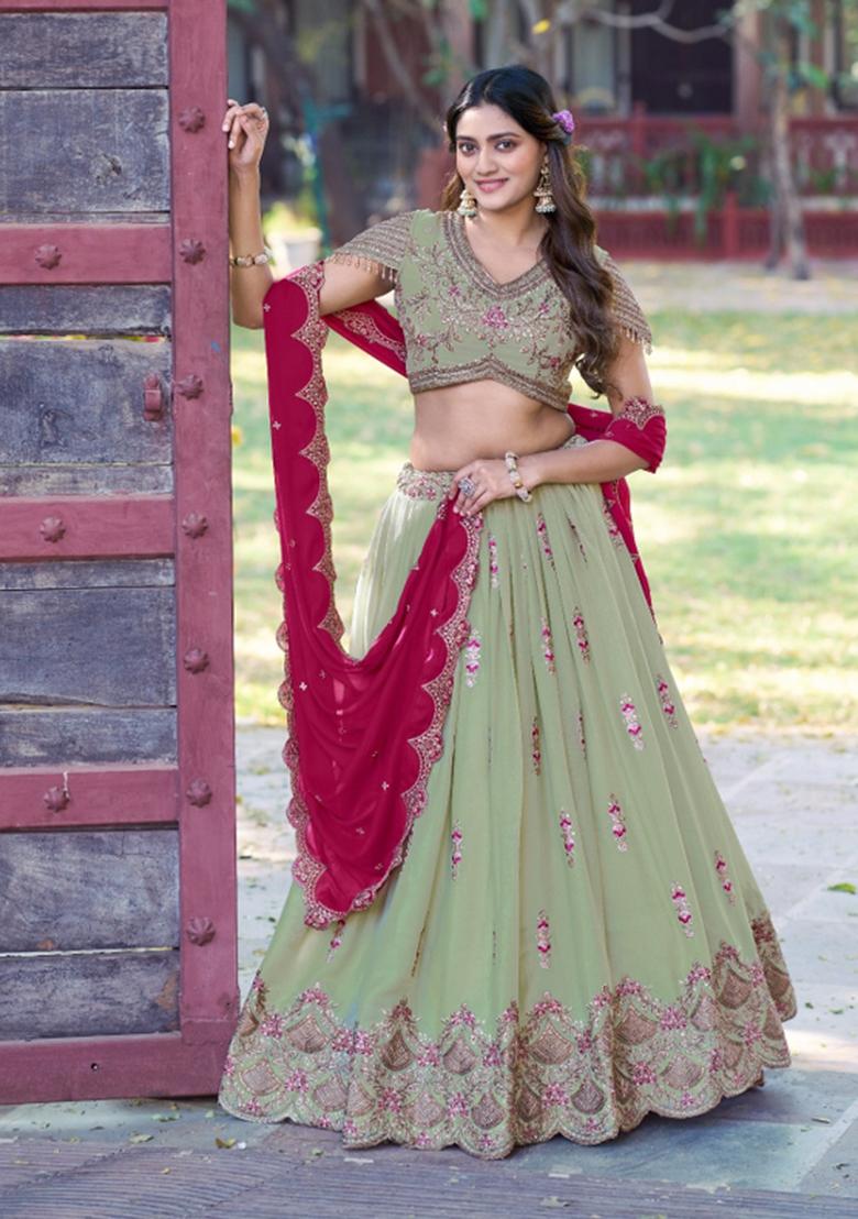 Pista Embroidered Georgette Lehenga Set - Indya