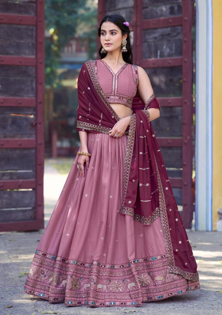Pink Embroidered Georgette Lehenga Set - Indya