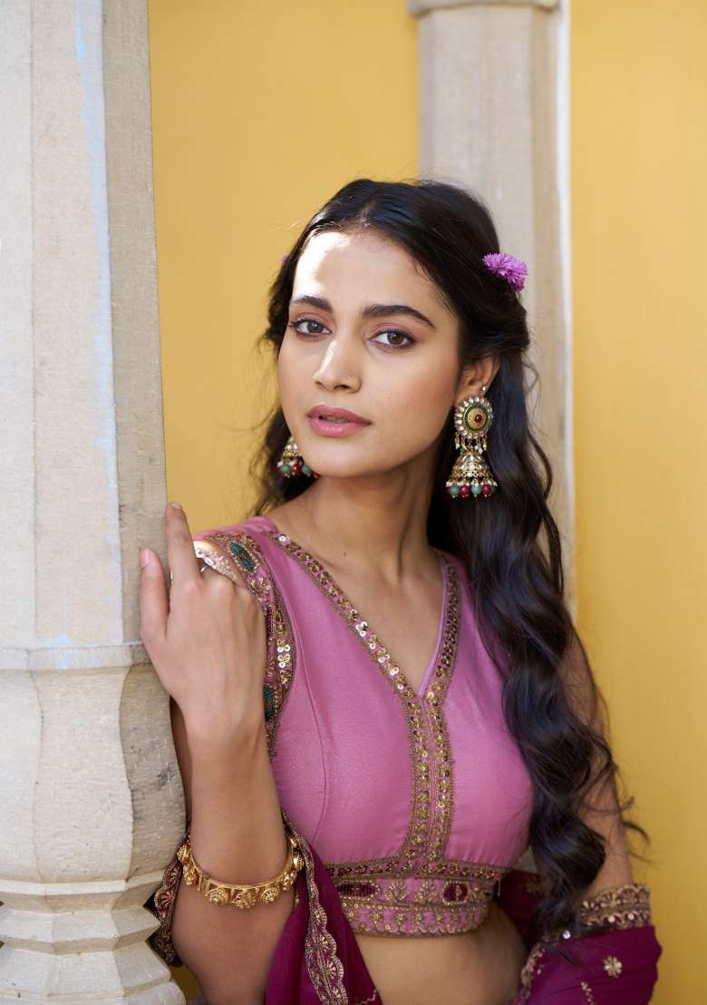 Pink Embroidered Georgette Lehenga Set - Indya