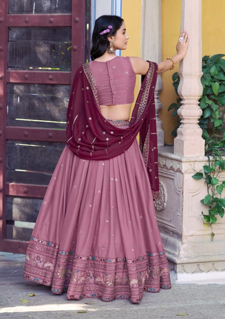 Pink Embroidered Georgette Lehenga Set - Indya