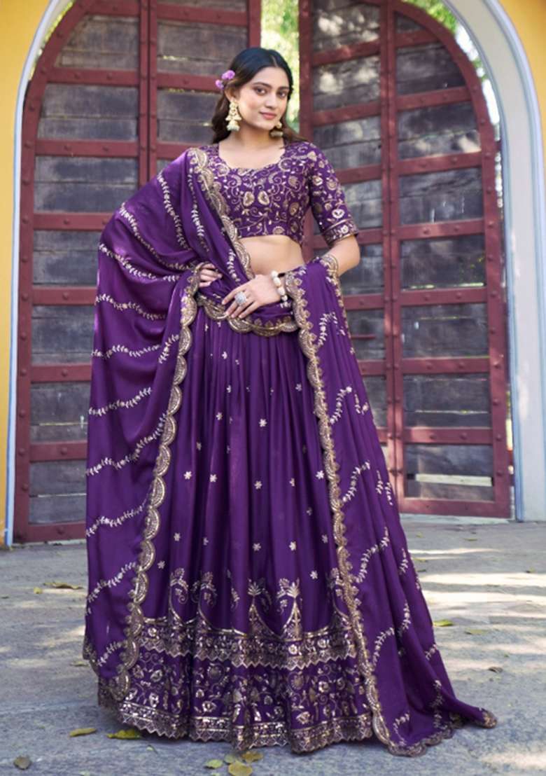 Purple Embroidered Georgette Lehenga Set for Diwali and Festive Wear - Indya