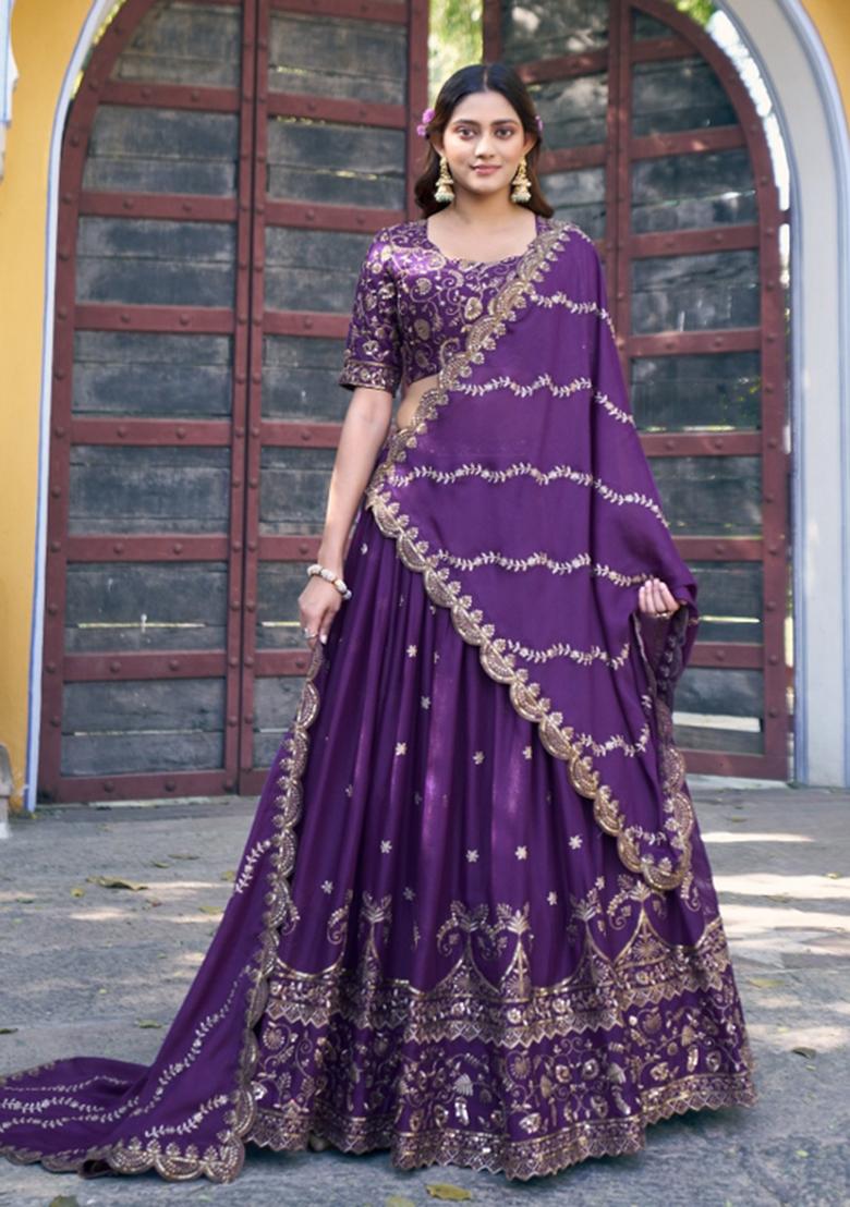 Purple Embroidered Georgette Lehenga Set - Indya