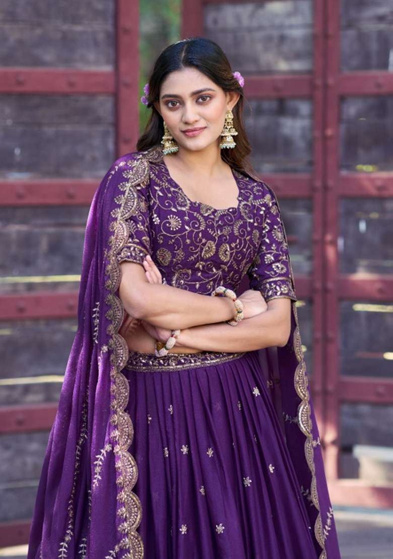 Purple Embroidered Georgette Lehenga Set for Diwali and Festive Wear - Indya