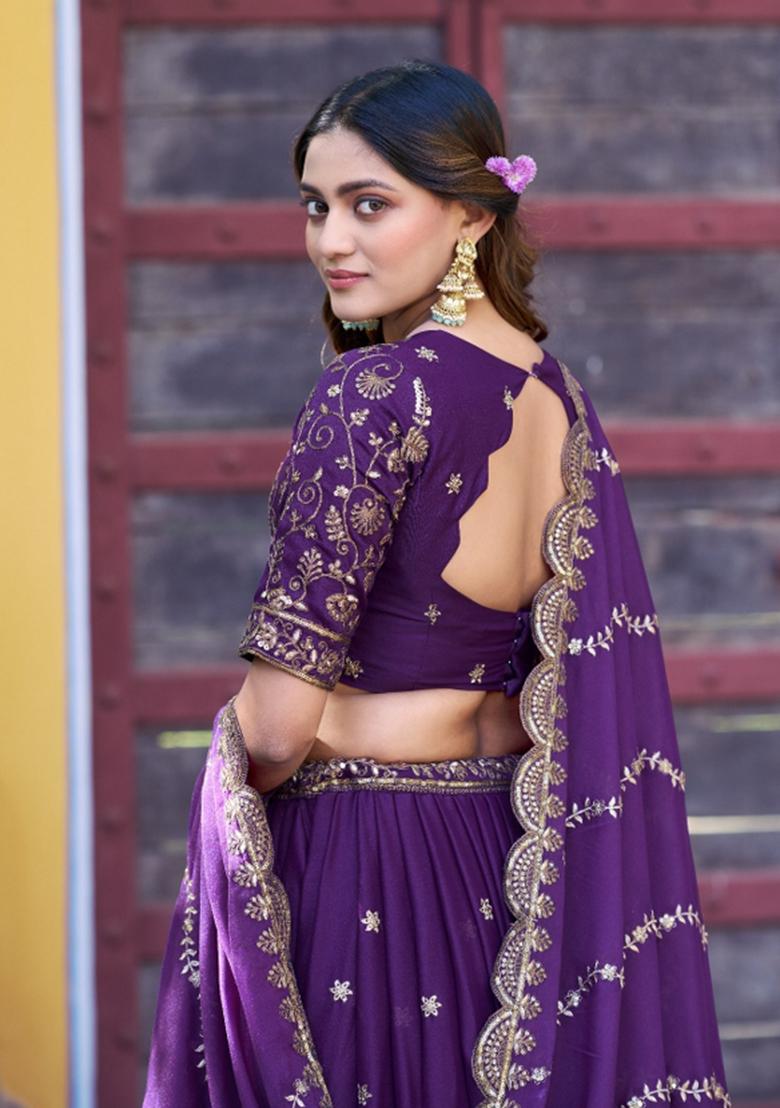 Purple Embroidered Georgette Lehenga Set - Indya