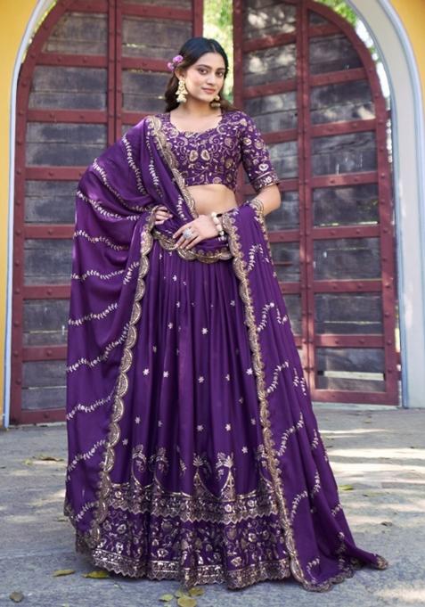 Purple Embroidered Georgette Lehenga Set